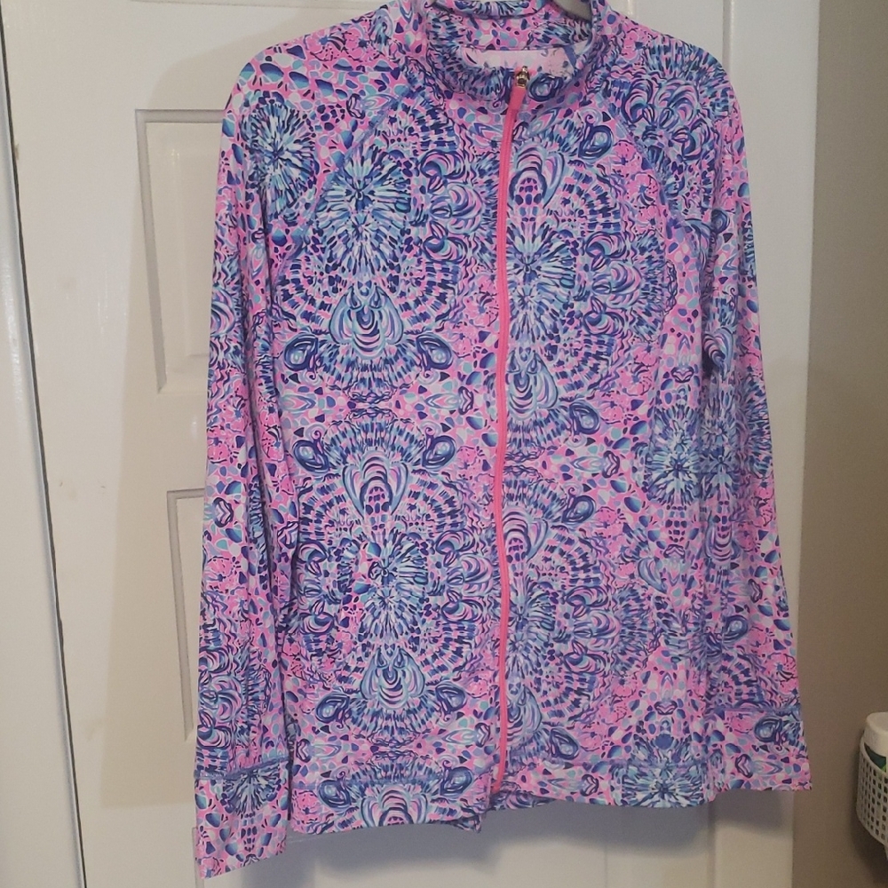Lilly Pulitzer Luxeletic Zip Up Jacket with Pink and Blue Pattern